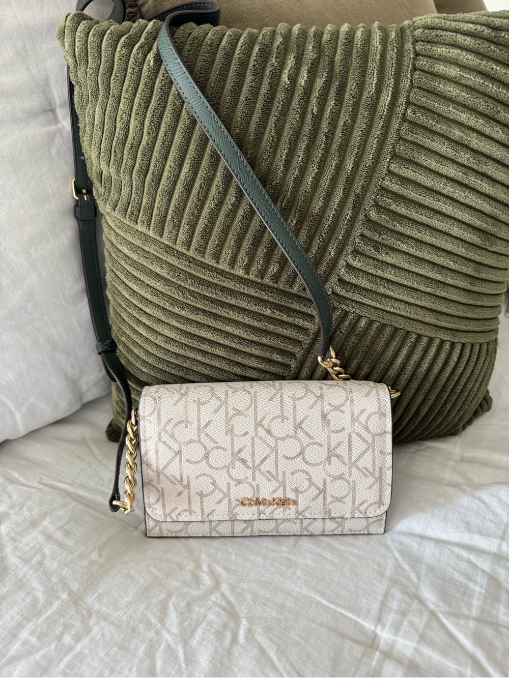 Calvin Klein White Beige Logo Crossbody Bag with Gold Hardware